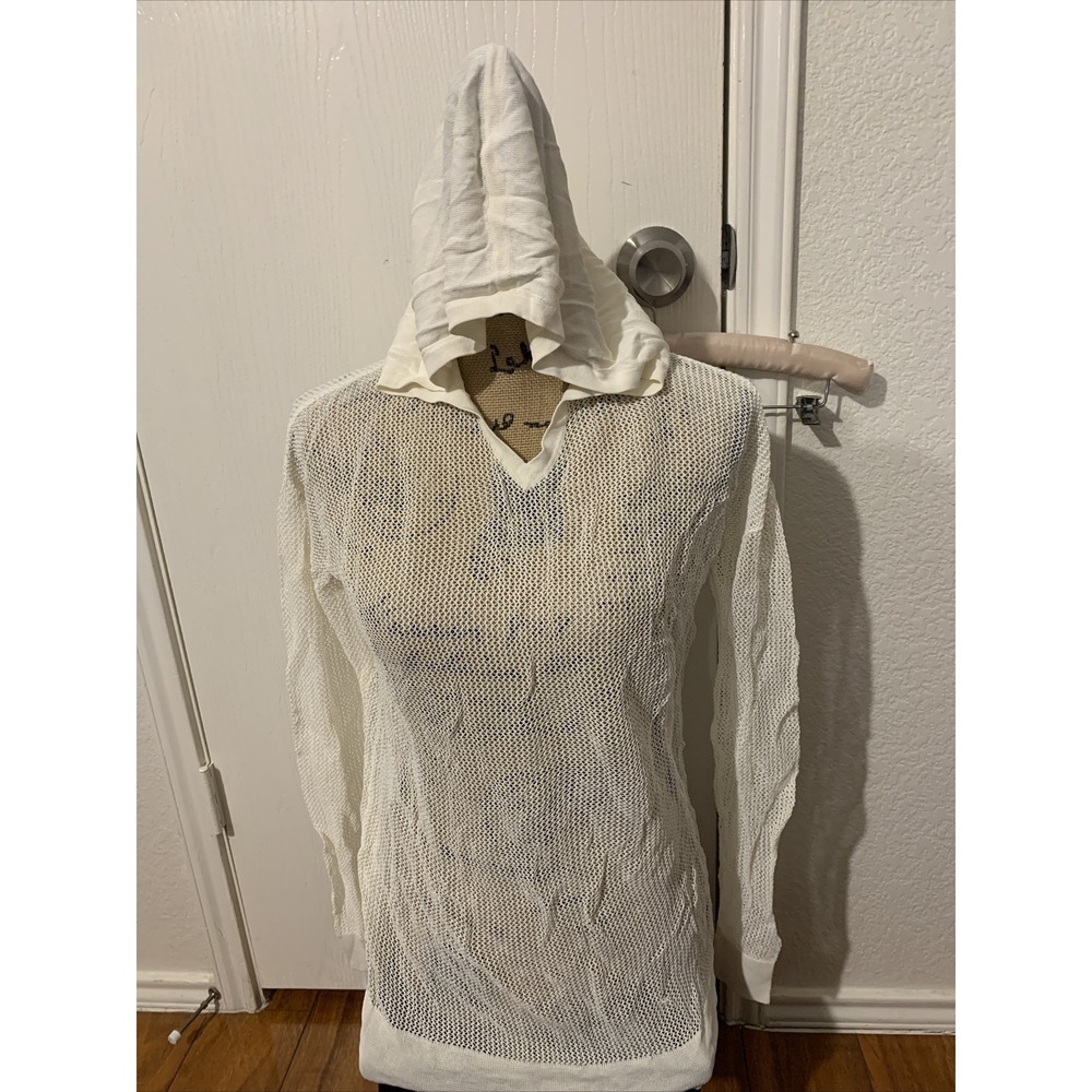 Theory 38 Women Small White Knit Semi Transparent Fish Net Sweater Hooded NWOT